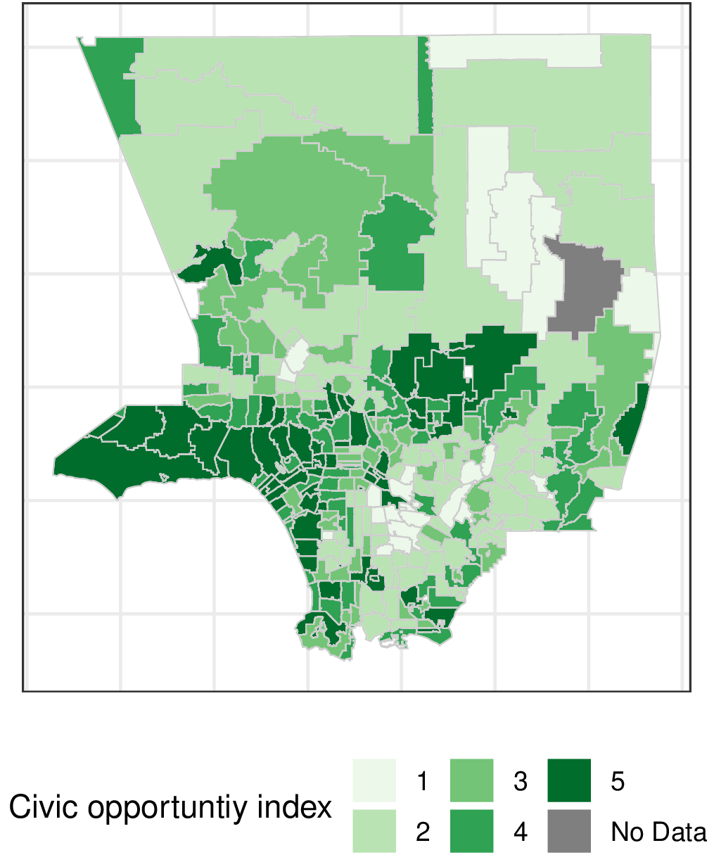 Map of civic opportunity index by zip code in Los Angeles County, showing wide variation from quintile 1 to 5 across neighborhoods